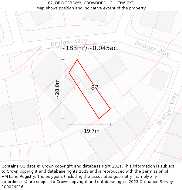 87, BRIDGER WAY, CROWBOROUGH, TN6 2XD: Plot and title map