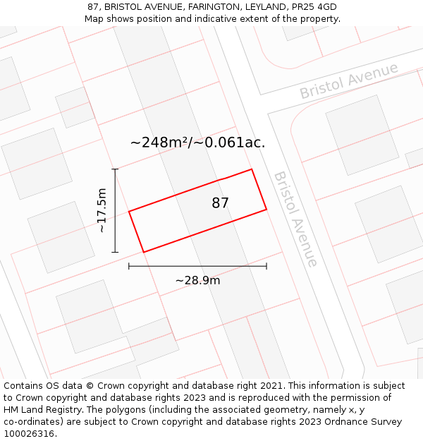 87, BRISTOL AVENUE, FARINGTON, LEYLAND, PR25 4GD: Plot and title map