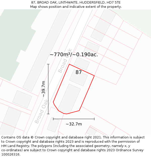 87, BROAD OAK, LINTHWAITE, HUDDERSFIELD, HD7 5TE: Plot and title map
