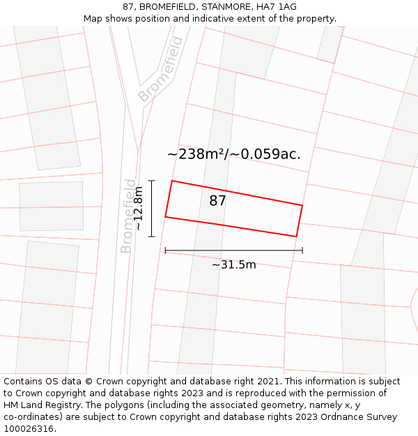 87, BROMEFIELD, STANMORE, HA7 1AG: Plot and title map