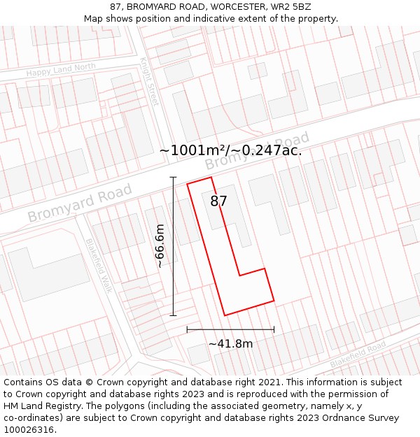 87, BROMYARD ROAD, WORCESTER, WR2 5BZ: Plot and title map