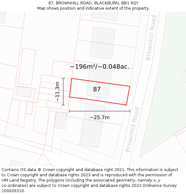 87, BROWNHILL ROAD, BLACKBURN, BB1 9QY: Plot and title map