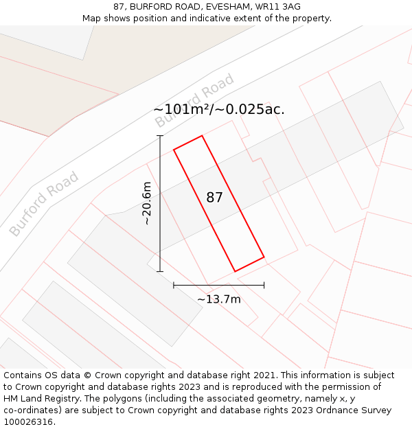 87, BURFORD ROAD, EVESHAM, WR11 3AG: Plot and title map