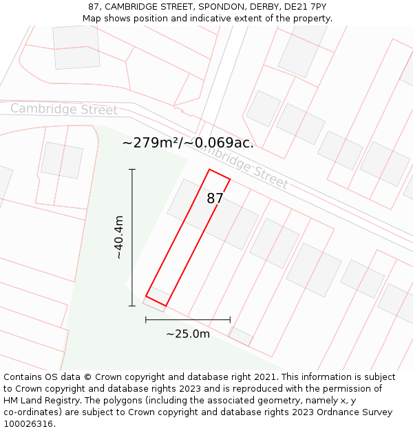 87, CAMBRIDGE STREET, SPONDON, DERBY, DE21 7PY: Plot and title map
