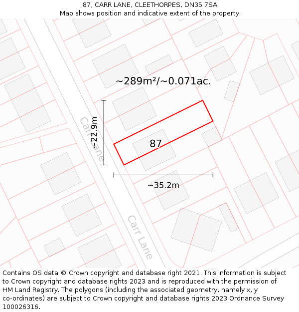 87, CARR LANE, CLEETHORPES, DN35 7SA: Plot and title map