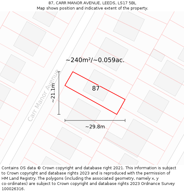 87, CARR MANOR AVENUE, LEEDS, LS17 5BL: Plot and title map