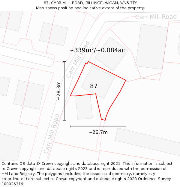 87, CARR MILL ROAD, BILLINGE, WIGAN, WN5 7TY: Plot and title map