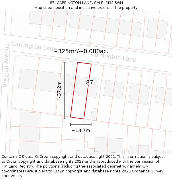 87, CARRINGTON LANE, SALE, M33 5WH: Plot and title map