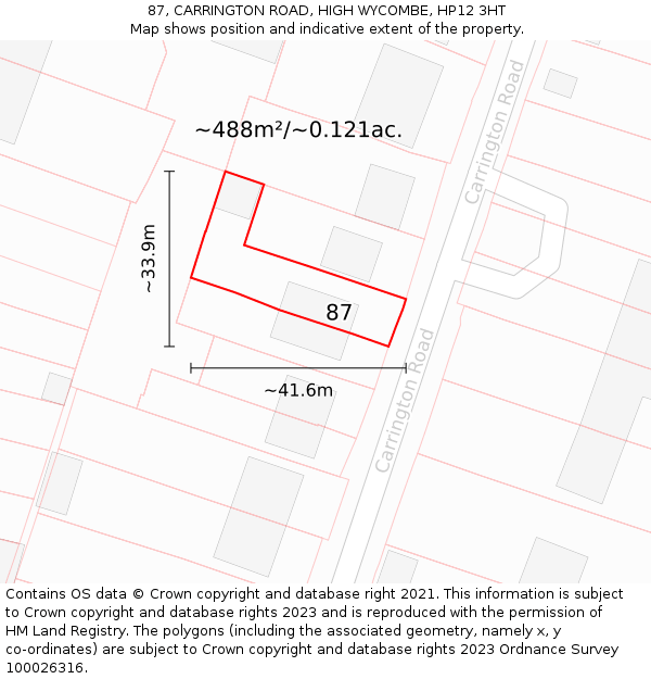87, CARRINGTON ROAD, HIGH WYCOMBE, HP12 3HT: Plot and title map