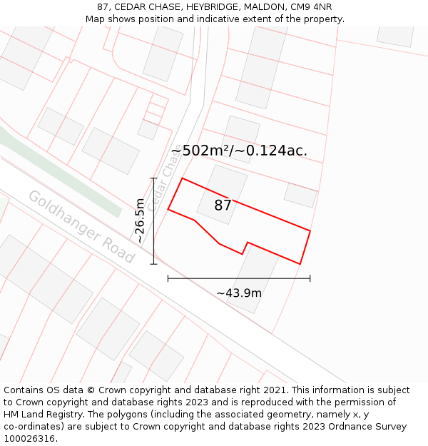 87, CEDAR CHASE, HEYBRIDGE, MALDON, CM9 4NR: Plot and title map