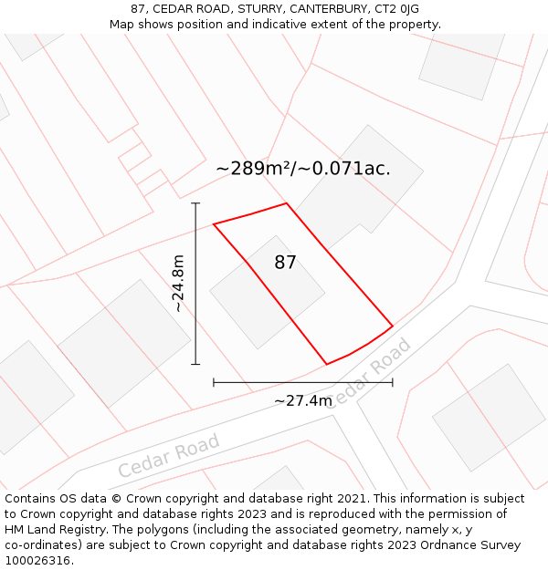 87, CEDAR ROAD, STURRY, CANTERBURY, CT2 0JG: Plot and title map