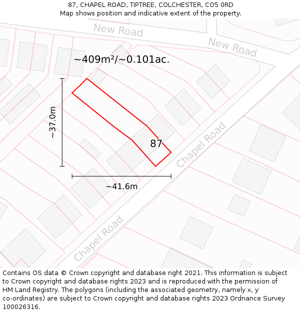 87, CHAPEL ROAD, TIPTREE, COLCHESTER, CO5 0RD: Plot and title map