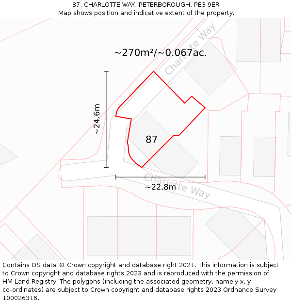 87, CHARLOTTE WAY, PETERBOROUGH, PE3 9ER: Plot and title map