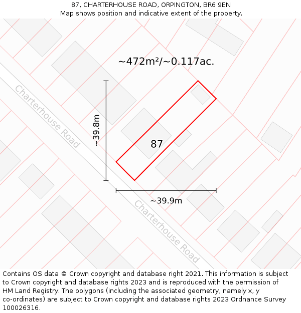 87, CHARTERHOUSE ROAD, ORPINGTON, BR6 9EN: Plot and title map