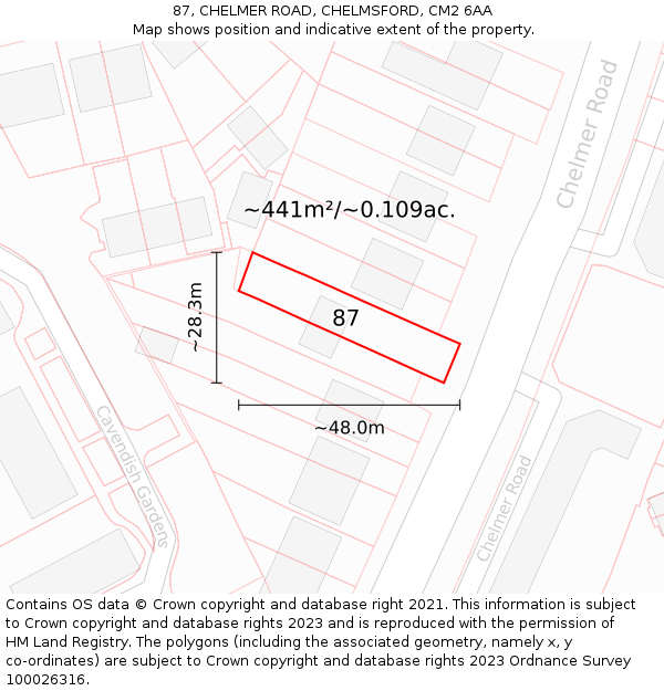 87, CHELMER ROAD, CHELMSFORD, CM2 6AA: Plot and title map