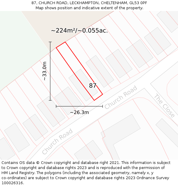 87, CHURCH ROAD, LECKHAMPTON, CHELTENHAM, GL53 0PF: Plot and title map