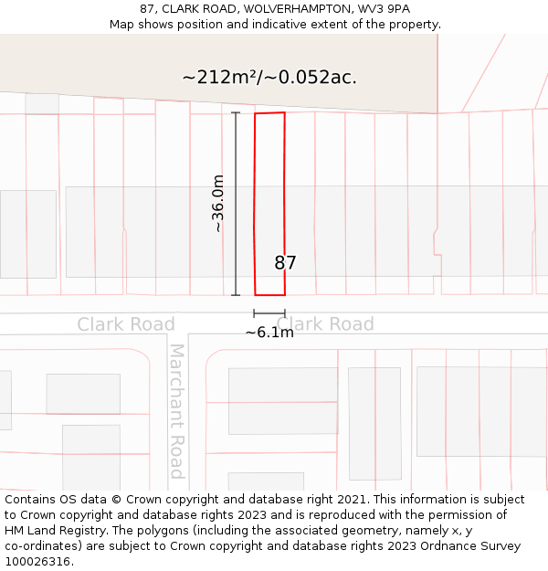 87, CLARK ROAD, WOLVERHAMPTON, WV3 9PA: Plot and title map