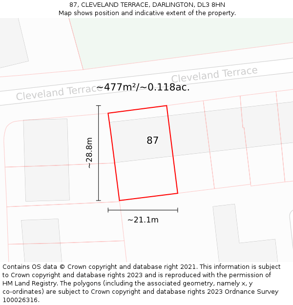 87, CLEVELAND TERRACE, DARLINGTON, DL3 8HN: Plot and title map