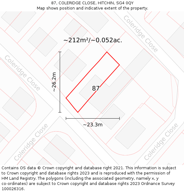 87, COLERIDGE CLOSE, HITCHIN, SG4 0QY: Plot and title map