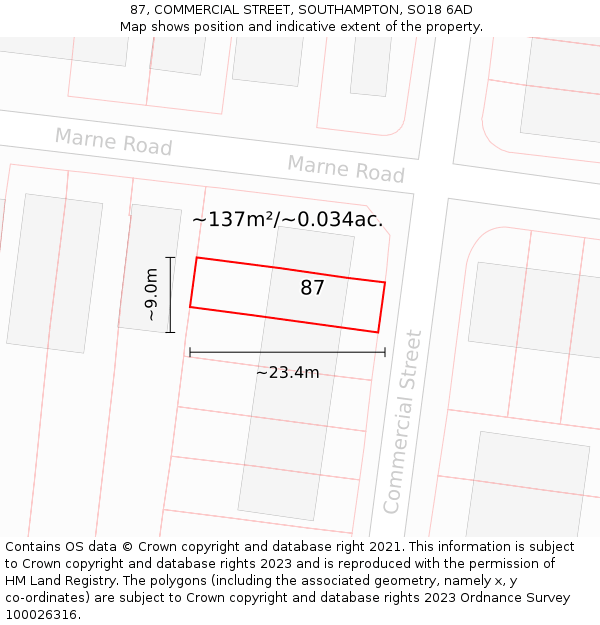 87, COMMERCIAL STREET, SOUTHAMPTON, SO18 6AD: Plot and title map