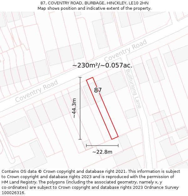 87, COVENTRY ROAD, BURBAGE, HINCKLEY, LE10 2HN: Plot and title map