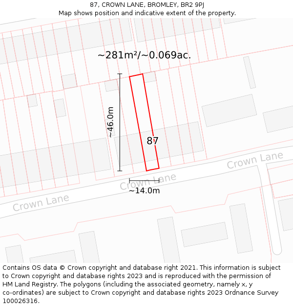 87, CROWN LANE, BROMLEY, BR2 9PJ: Plot and title map