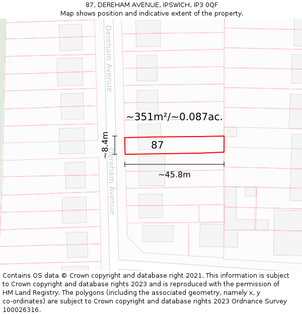 87, DEREHAM AVENUE, IPSWICH, IP3 0QF: Plot and title map