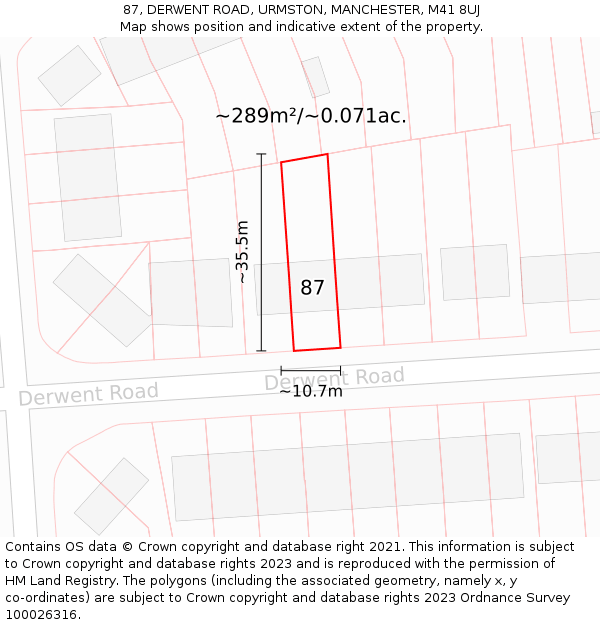 87, DERWENT ROAD, URMSTON, MANCHESTER, M41 8UJ: Plot and title map