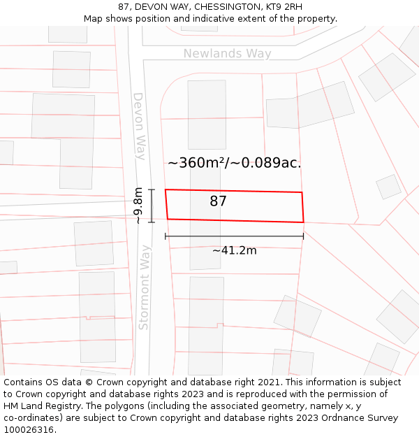 87, DEVON WAY, CHESSINGTON, KT9 2RH: Plot and title map
