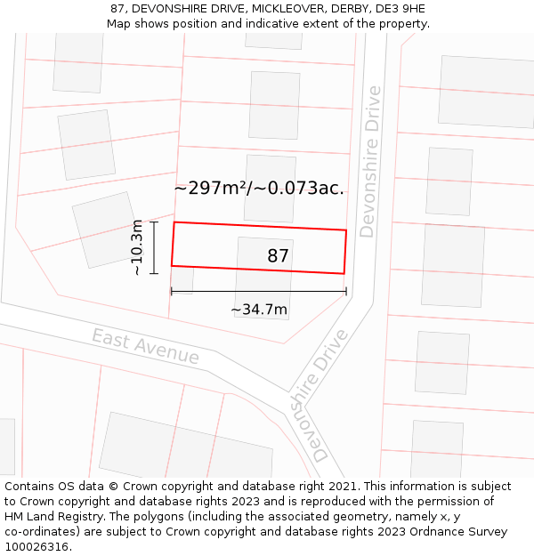 87, DEVONSHIRE DRIVE, MICKLEOVER, DERBY, DE3 9HE: Plot and title map