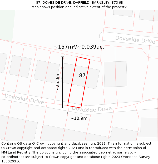 87, DOVESIDE DRIVE, DARFIELD, BARNSLEY, S73 9JJ: Plot and title map