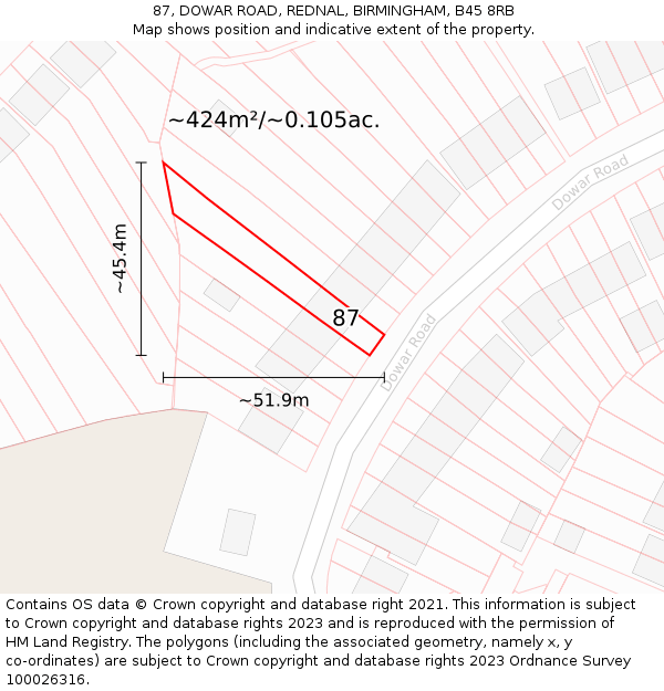 87, DOWAR ROAD, REDNAL, BIRMINGHAM, B45 8RB: Plot and title map