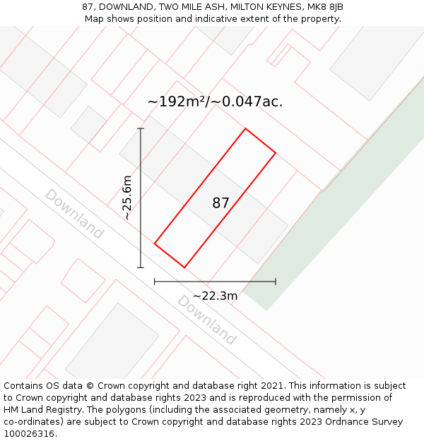 87, DOWNLAND, TWO MILE ASH, MILTON KEYNES, MK8 8JB: Plot and title map