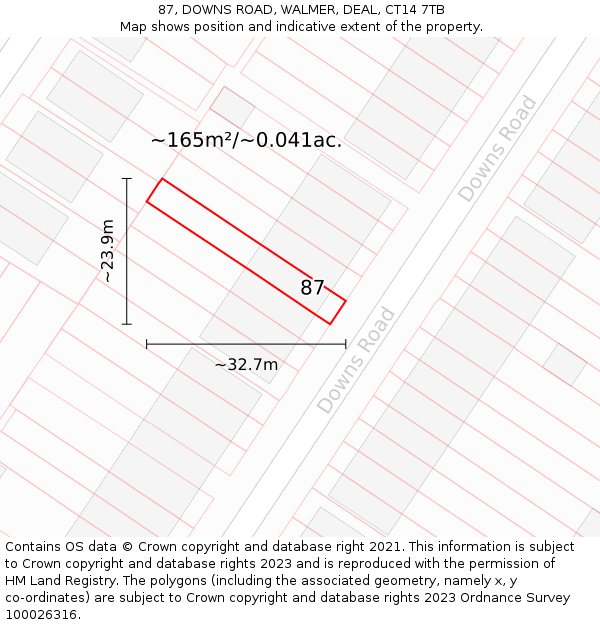 87, DOWNS ROAD, WALMER, DEAL, CT14 7TB: Plot and title map