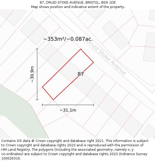 87, DRUID STOKE AVENUE, BRISTOL, BS9 1DE: Plot and title map
