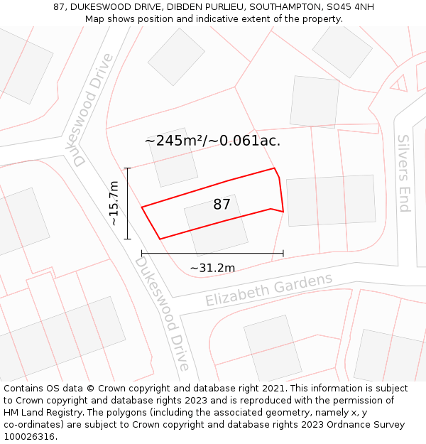 87, DUKESWOOD DRIVE, DIBDEN PURLIEU, SOUTHAMPTON, SO45 4NH: Plot and title map