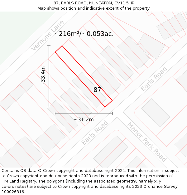 87, EARLS ROAD, NUNEATON, CV11 5HP: Plot and title map