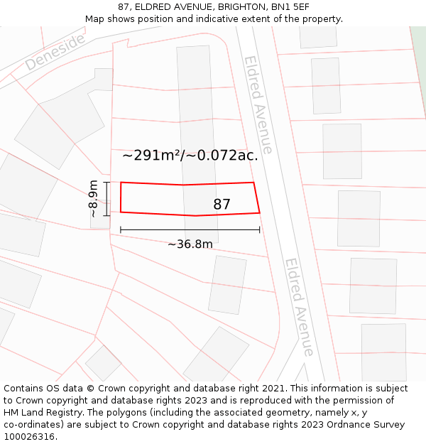 87, ELDRED AVENUE, BRIGHTON, BN1 5EF: Plot and title map