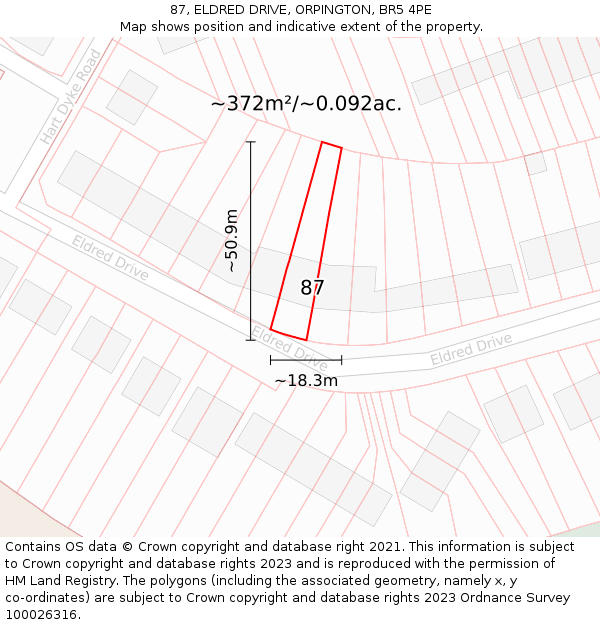 87, ELDRED DRIVE, ORPINGTON, BR5 4PE: Plot and title map