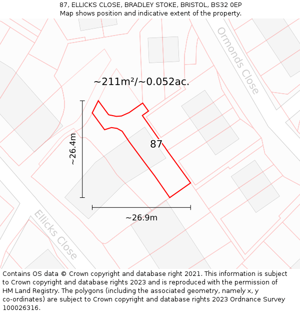 87, ELLICKS CLOSE, BRADLEY STOKE, BRISTOL, BS32 0EP: Plot and title map