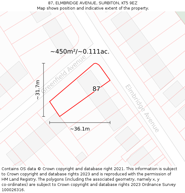 87, ELMBRIDGE AVENUE, SURBITON, KT5 9EZ: Plot and title map