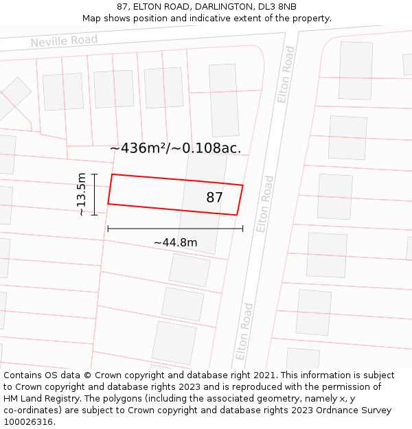 87, ELTON ROAD, DARLINGTON, DL3 8NB: Plot and title map