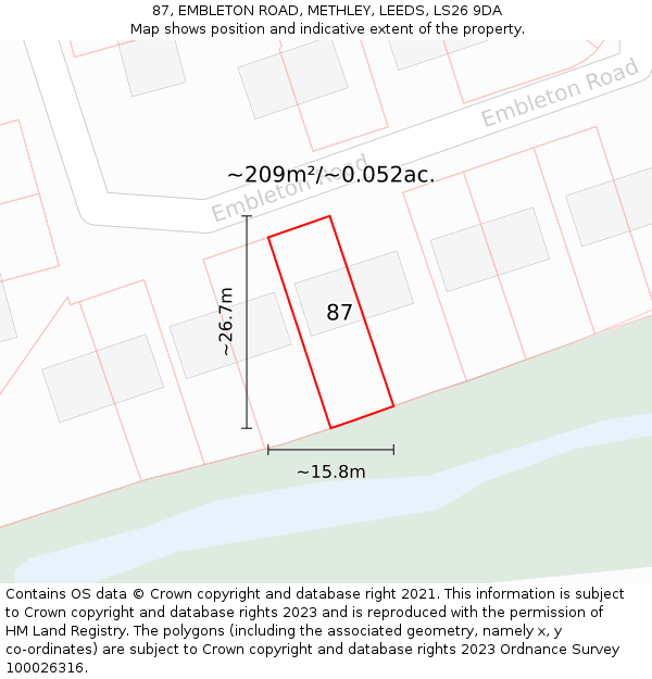 87, EMBLETON ROAD, METHLEY, LEEDS, LS26 9DA: Plot and title map