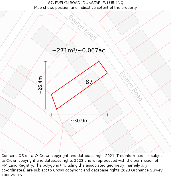 87, EVELYN ROAD, DUNSTABLE, LU5 4NQ: Plot and title map