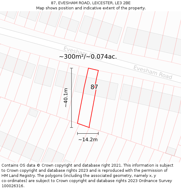 87, EVESHAM ROAD, LEICESTER, LE3 2BE: Plot and title map