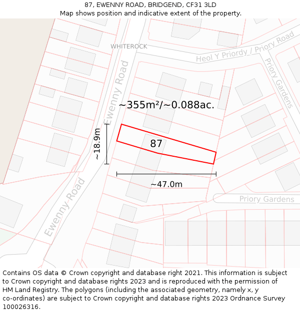 87, EWENNY ROAD, BRIDGEND, CF31 3LD: Plot and title map