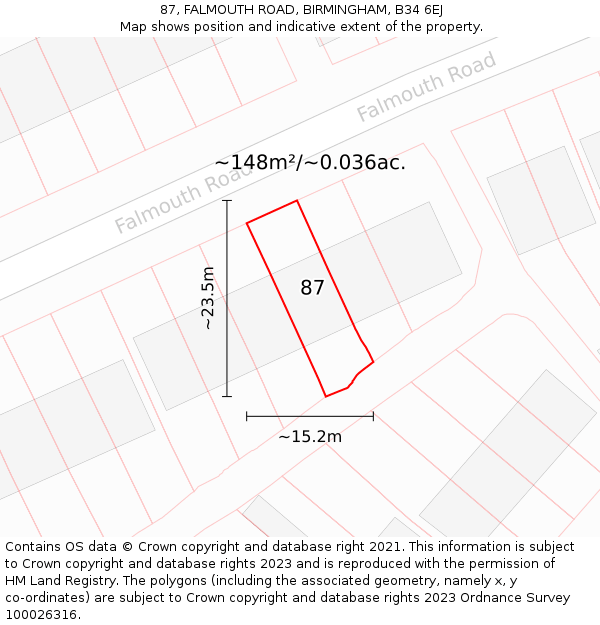 87, FALMOUTH ROAD, BIRMINGHAM, B34 6EJ: Plot and title map