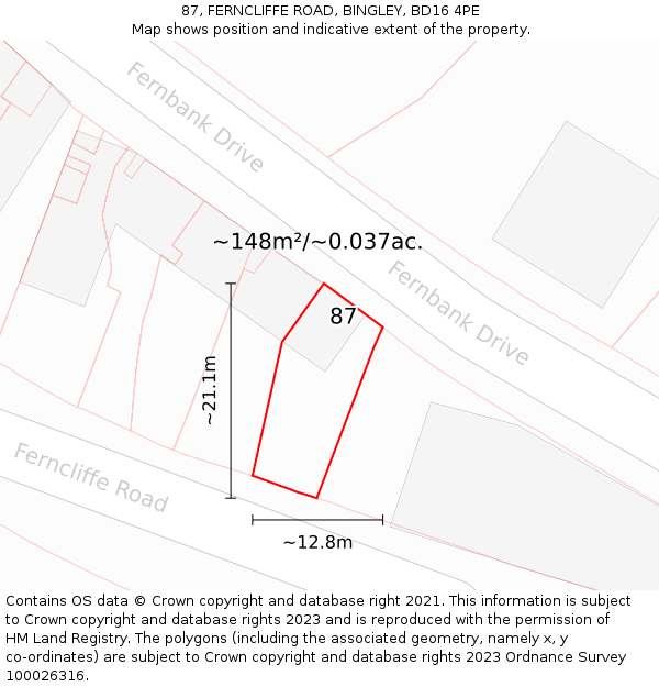 87, FERNCLIFFE ROAD, BINGLEY, BD16 4PE: Plot and title map