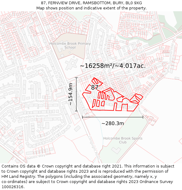 87, FERNVIEW DRIVE, RAMSBOTTOM, BURY, BL0 9XG: Plot and title map