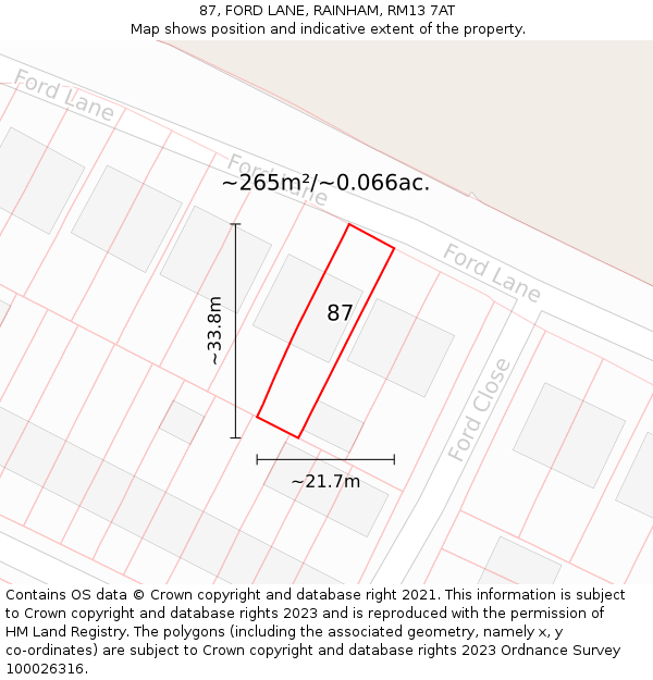 87, FORD LANE, RAINHAM, RM13 7AT: Plot and title map